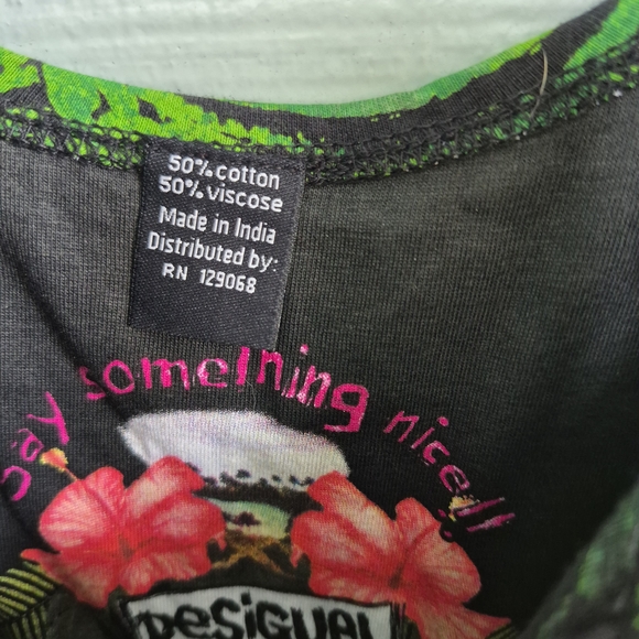 Desigual SAY SOMETHING NICE Dress Palm Leaf Print Sleeveless Black and Green L - Picture 2 of 8